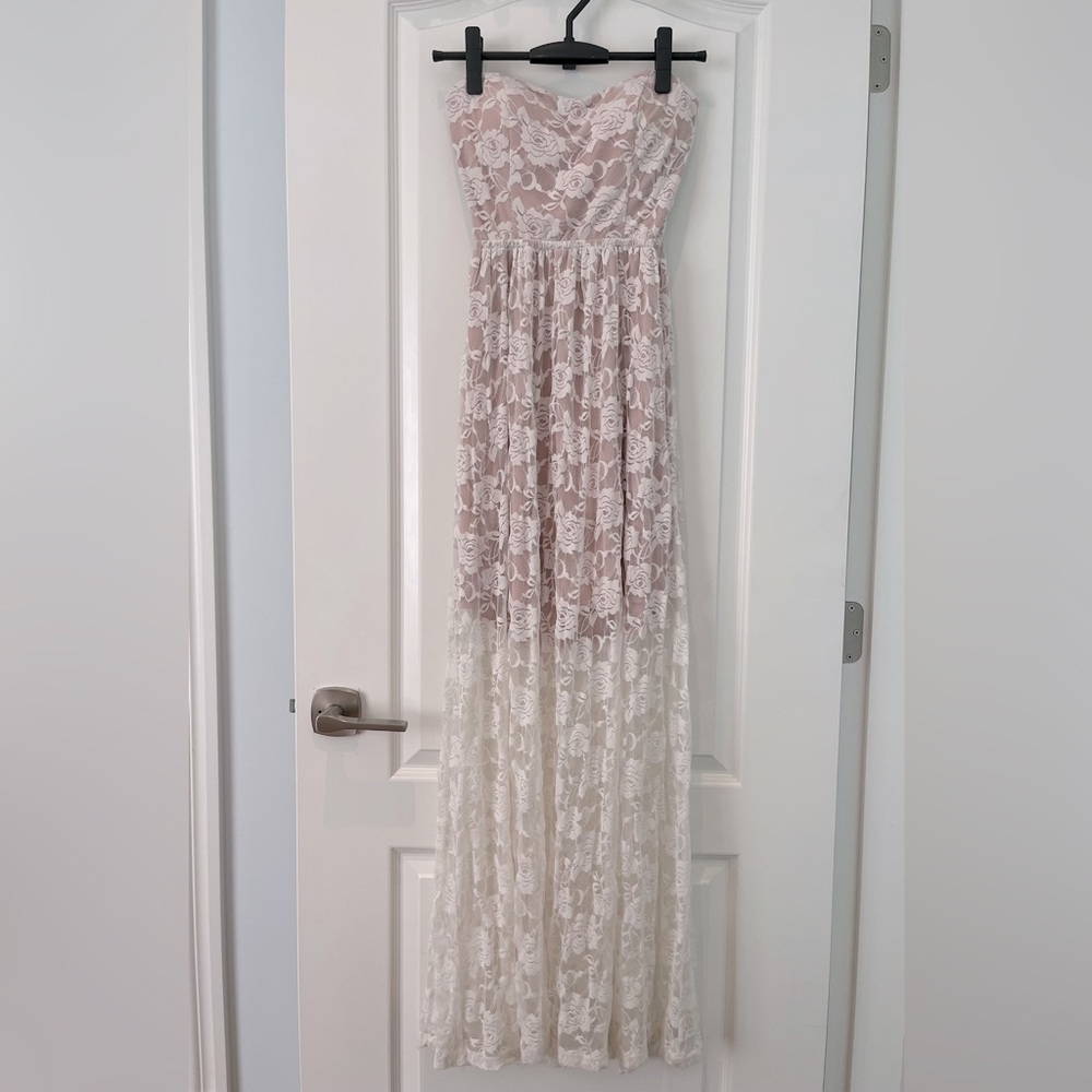 Pink Mini Strapless Dress w/ White Floral Maxi Lace Overlay Sweetheart Neckline